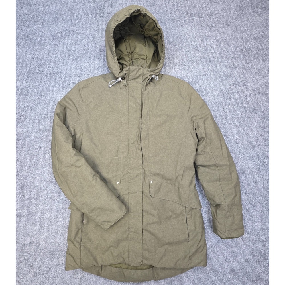 Helly Hansen Parka Rain Jacket Women's Small Green Hooded Snap Zip Primaloft *